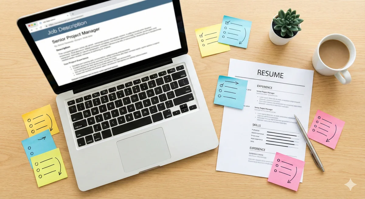 Laptop with job description and resume with sticky notes for keyword extraction