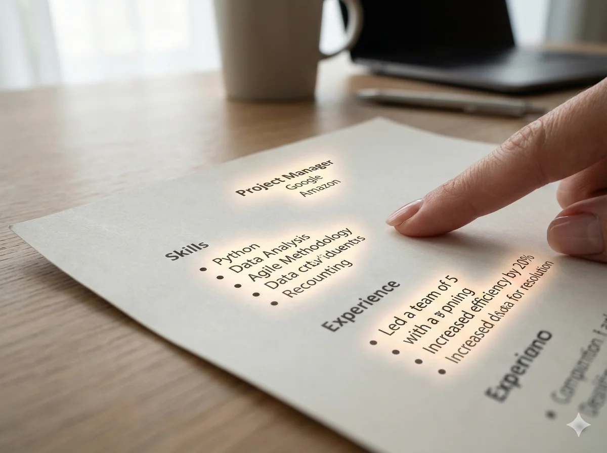 Recruiter scanning CV with highlighted key areas