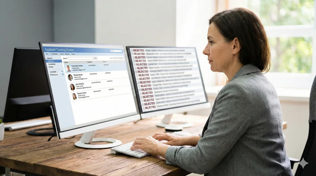 Recruiter at desk with applications on one monitor and rejected CVs on another